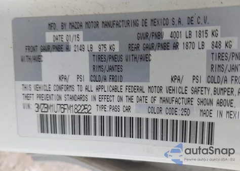 2015 Mazda 3 Sport из США, поврежденный, VIN 3MZBM1U76FM182252